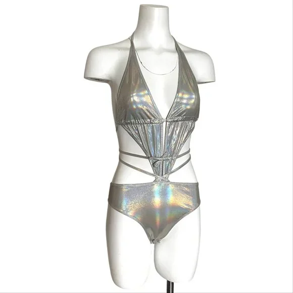 NWT Shein Hologram Tie Up swim bodysuit Rave Festival Burning Man - Picture 6 of 10